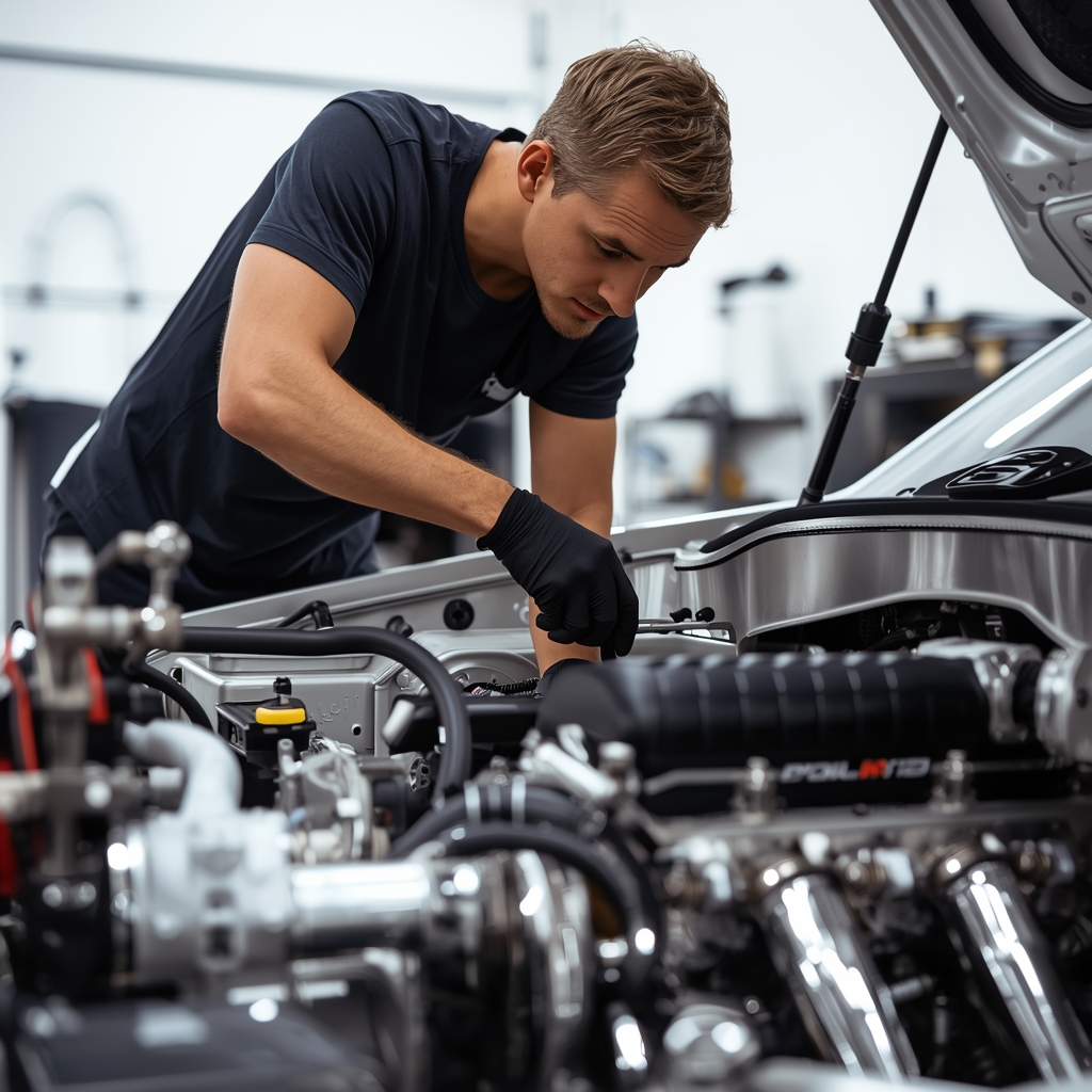 Close up photo of a mechanic working on a high performance v8 engine in a pristine white workshop
